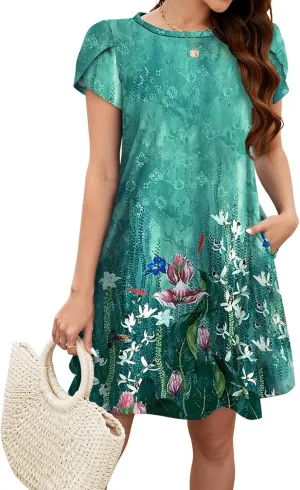 Bluetime Summer Dresses for Women 2025 Beach Boho Sundress Short Sleeve Pockets Loose Casual Tshirt Dress