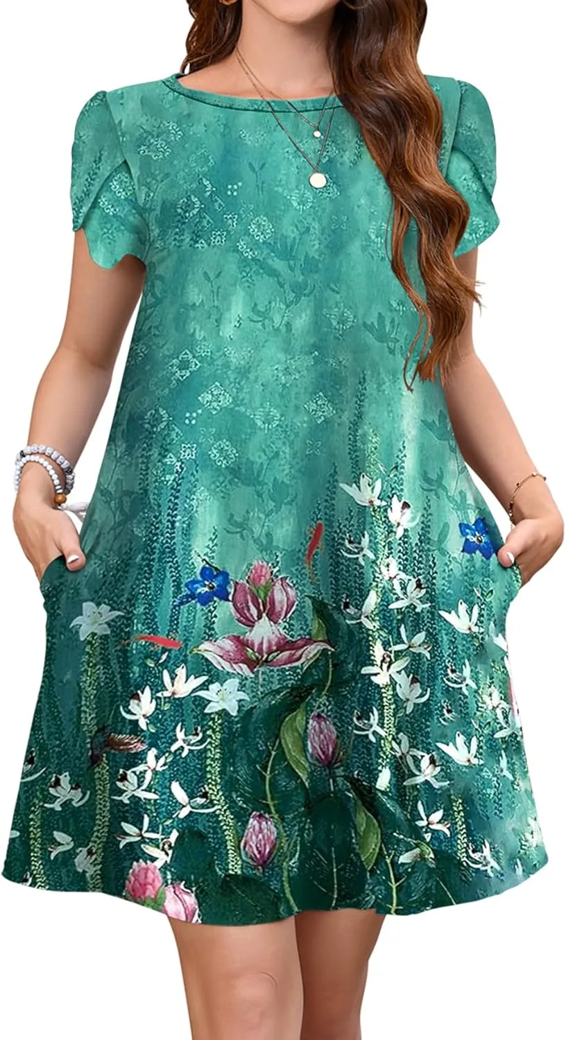 Bluetime Summer Dresses for Women 2025 Beach Boho Sundress Short Sleeve Pockets Loose Casual Tshirt Dress
