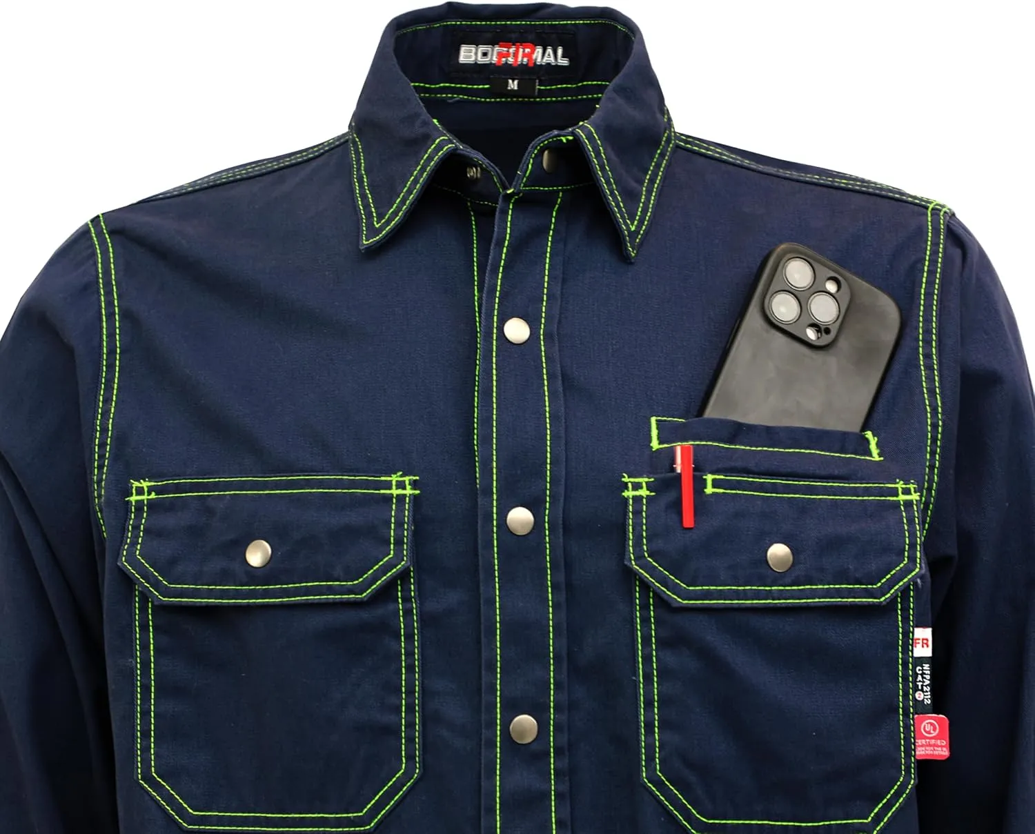 BOCOMAL FR Shirts for Men Snaps Down 7.5oz Water Repellent Fire Resistant Welding Jackets-NFPA2112 CAT2