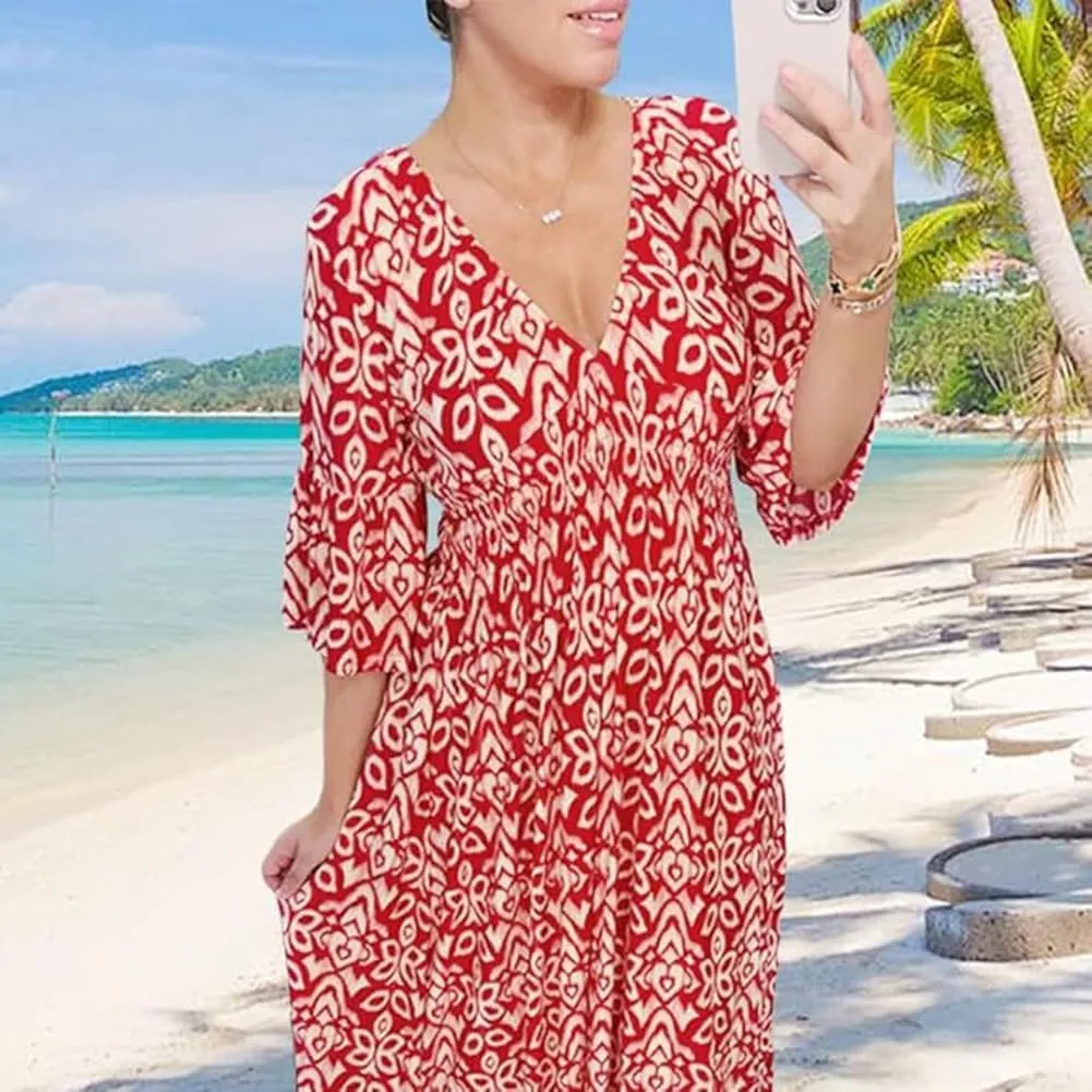Boho Dresses for Women Summer 2024 Floral Bohemian Dress Casual 3/4 Sleeve V Neck Dress Ruffle Hem Maxi Sundress