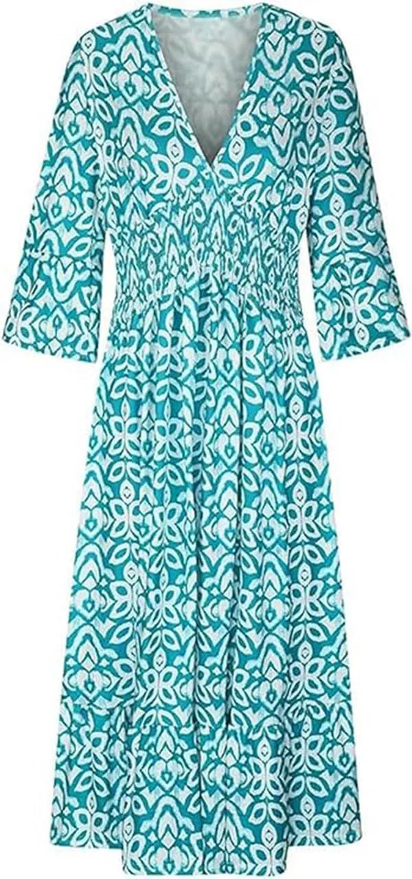 Boho Dresses for Women Summer 2024 Floral Bohemian Dress Casual 3/4 Sleeve V Neck Dress Ruffle Hem Maxi Sundress