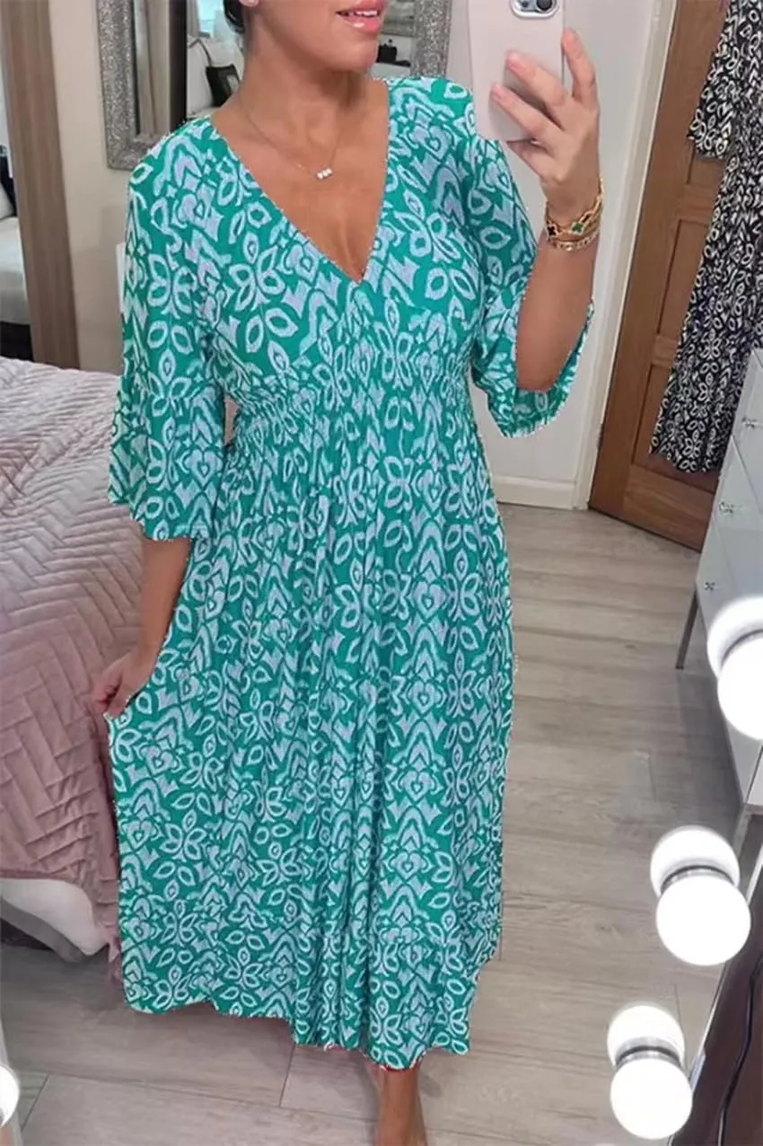 Boho Dresses for Women Summer 2024 Floral Bohemian Dress Casual 3/4 Sleeve V Neck Dress Ruffle Hem Maxi Sundress