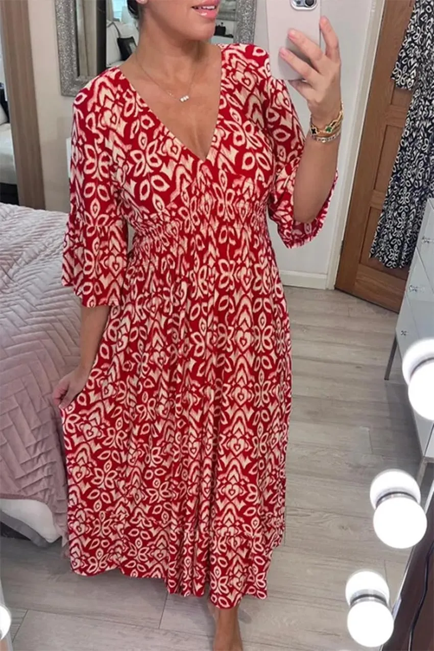 Boho Dresses for Women Summer 2024 Floral Bohemian Dress Casual 3/4 Sleeve V Neck Dress Ruffle Hem Maxi Sundress