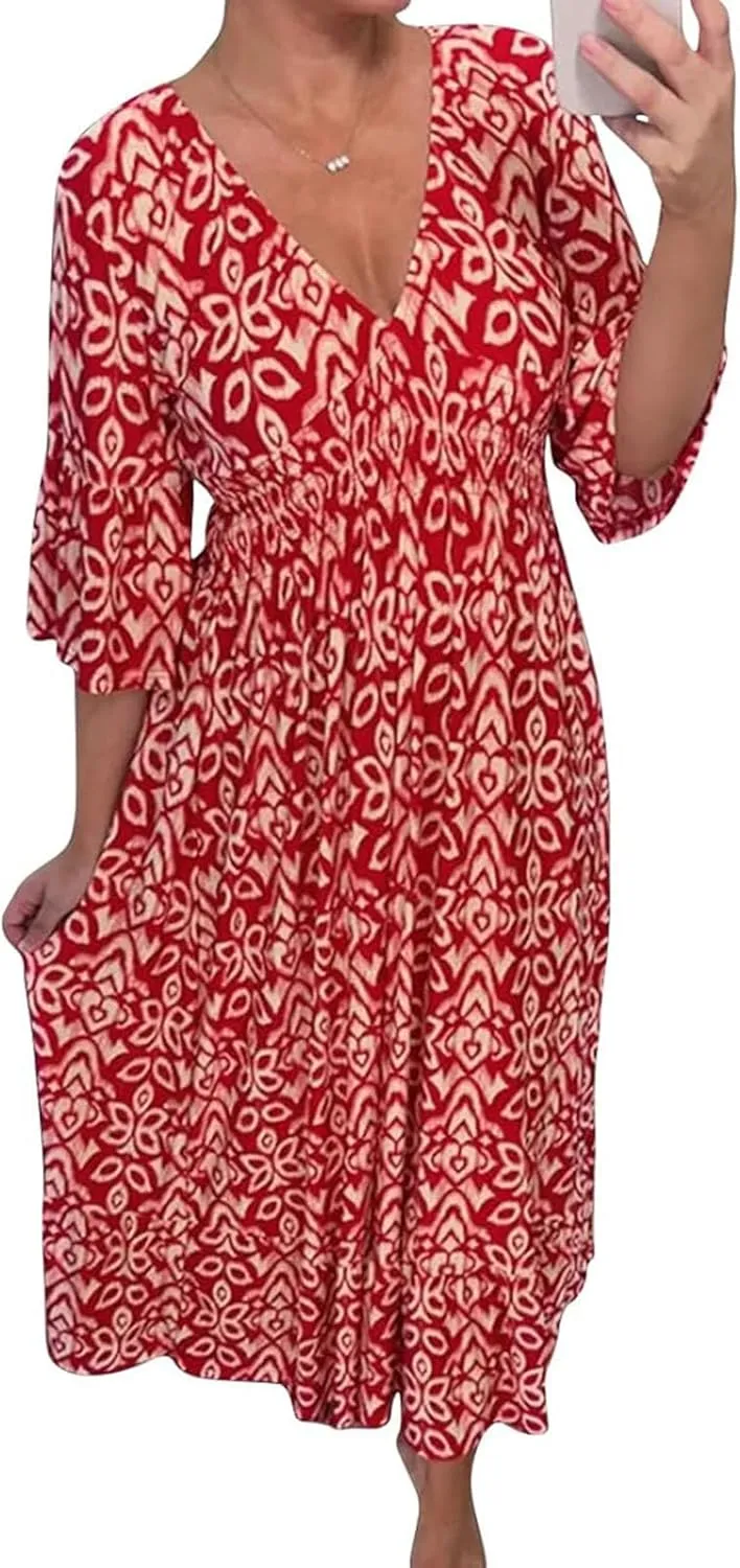 Boho Dresses for Women Summer 2024 Floral Bohemian Dress Casual 3/4 Sleeve V Neck Dress Ruffle Hem Maxi Sundress
