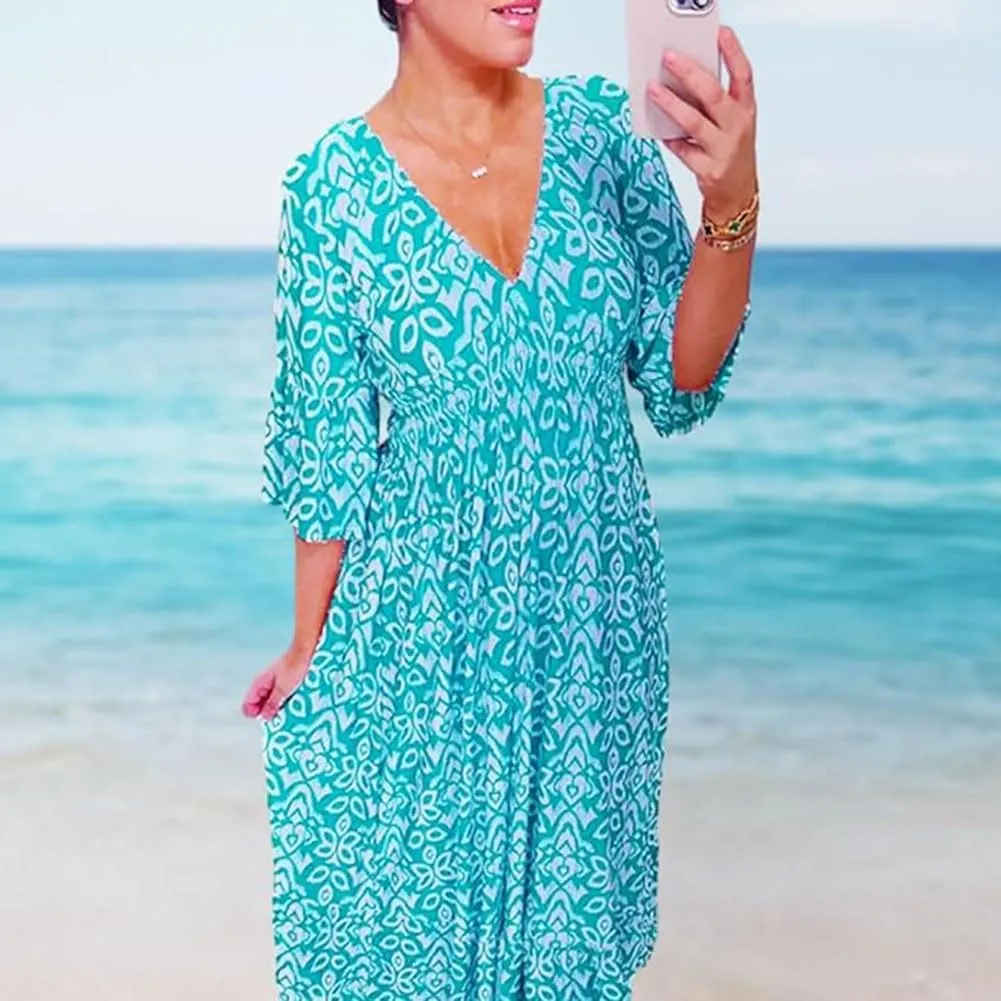 Boho Dresses for Women Summer 2024 Floral Bohemian Dress Casual 3/4 Sleeve V Neck Dress Ruffle Hem Maxi Sundress