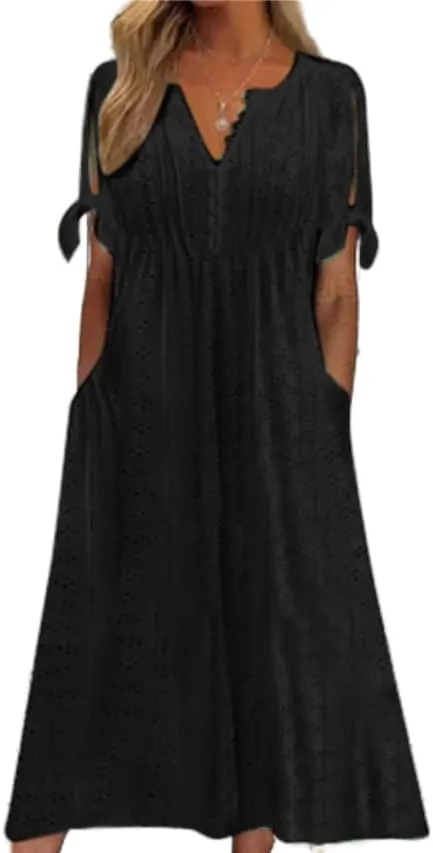 Boho Eyelet Casual Long Dress Vintage Solid Half Sleeve V Neck Loose Fit Flowy Swing Midi Dresses with Pockets