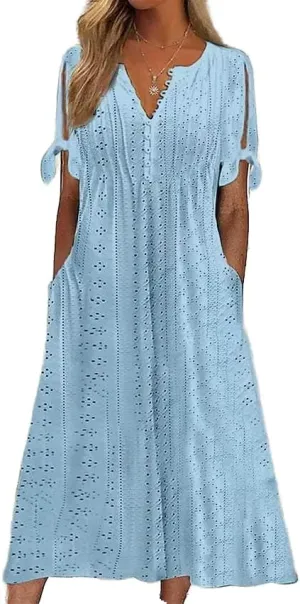 Boho Eyelet Casual Long Dress Vintage Solid Half Sleeve V Neck Loose Fit Flowy Swing Midi Dresses with Pockets