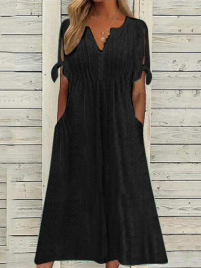 Boho Eyelet Casual Long Dress Vintage Solid Half Sleeve V Neck Loose Fit Flowy Swing Midi Dresses with Pockets