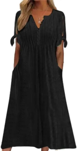 Boho Eyelet Casual Long Dress Vintage Solid Half Sleeve V Neck Loose Fit Flowy Swing Midi Dresses with Pockets