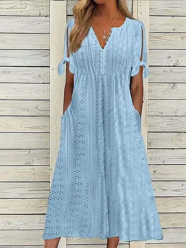 Boho Eyelet Casual Long Dress Vintage Solid Half Sleeve V Neck Loose Fit Flowy Swing Midi Dresses with Pockets