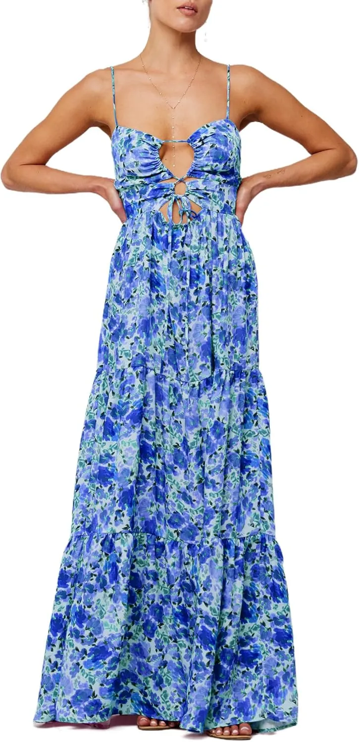 Boho Floral Tie Front Maxi Dress Women Y2k Cutout Flowy Spaghetti Strap Beach Sundress Long Cami Dresses Summer