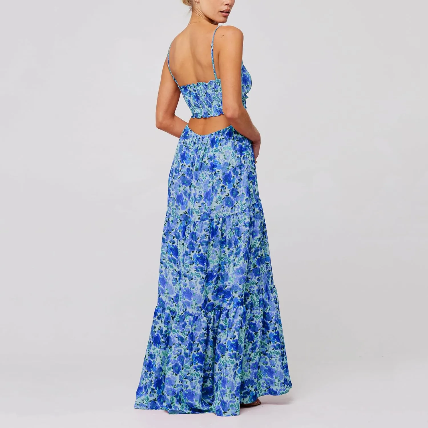Boho Floral Tie Front Maxi Dress Women Y2k Cutout Flowy Spaghetti Strap Beach Sundress Long Cami Dresses Summer