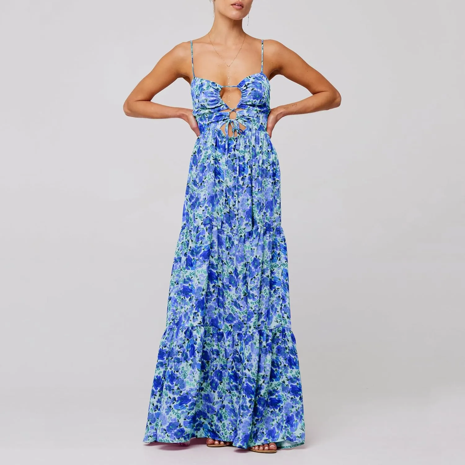 Boho Floral Tie Front Maxi Dress Women Y2k Cutout Flowy Spaghetti Strap Beach Sundress Long Cami Dresses Summer