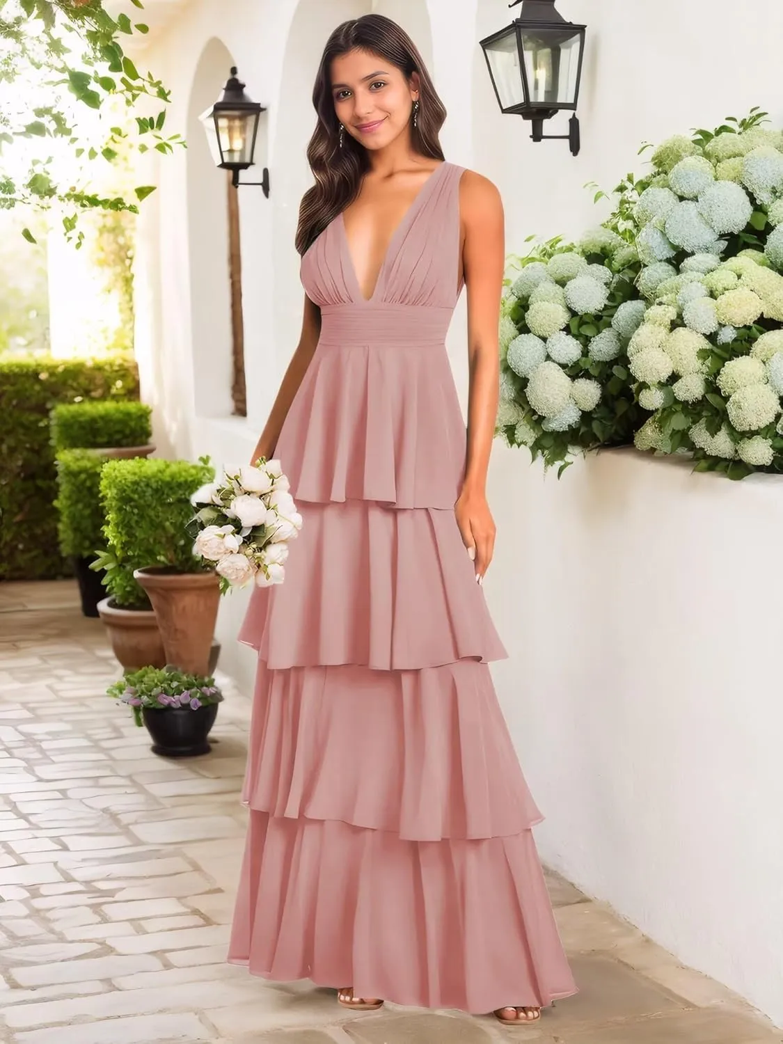 BONOYUER Tiered Ruffles Bridesmaid Dresses Long for Wedding A Line V Neck Chiffon Formal Evening Dress