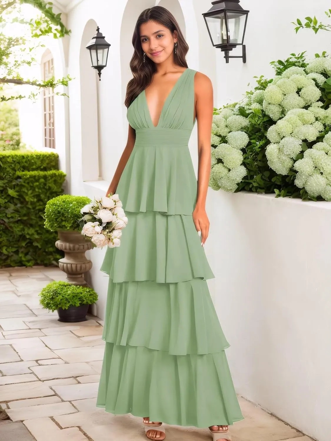 BONOYUER Tiered Ruffles Bridesmaid Dresses Long for Wedding A Line V Neck Chiffon Formal Evening Dress