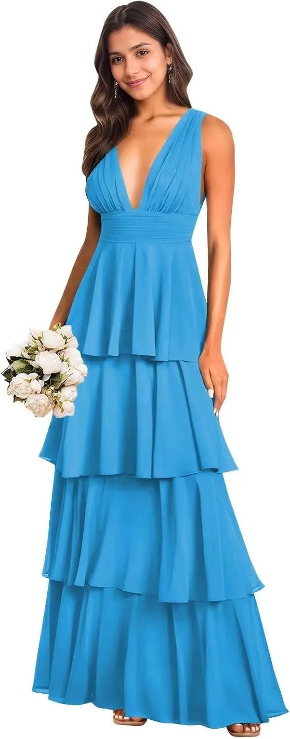 BONOYUER Tiered Ruffles Bridesmaid Dresses Long for Wedding A Line V Neck Chiffon Formal Evening Dress