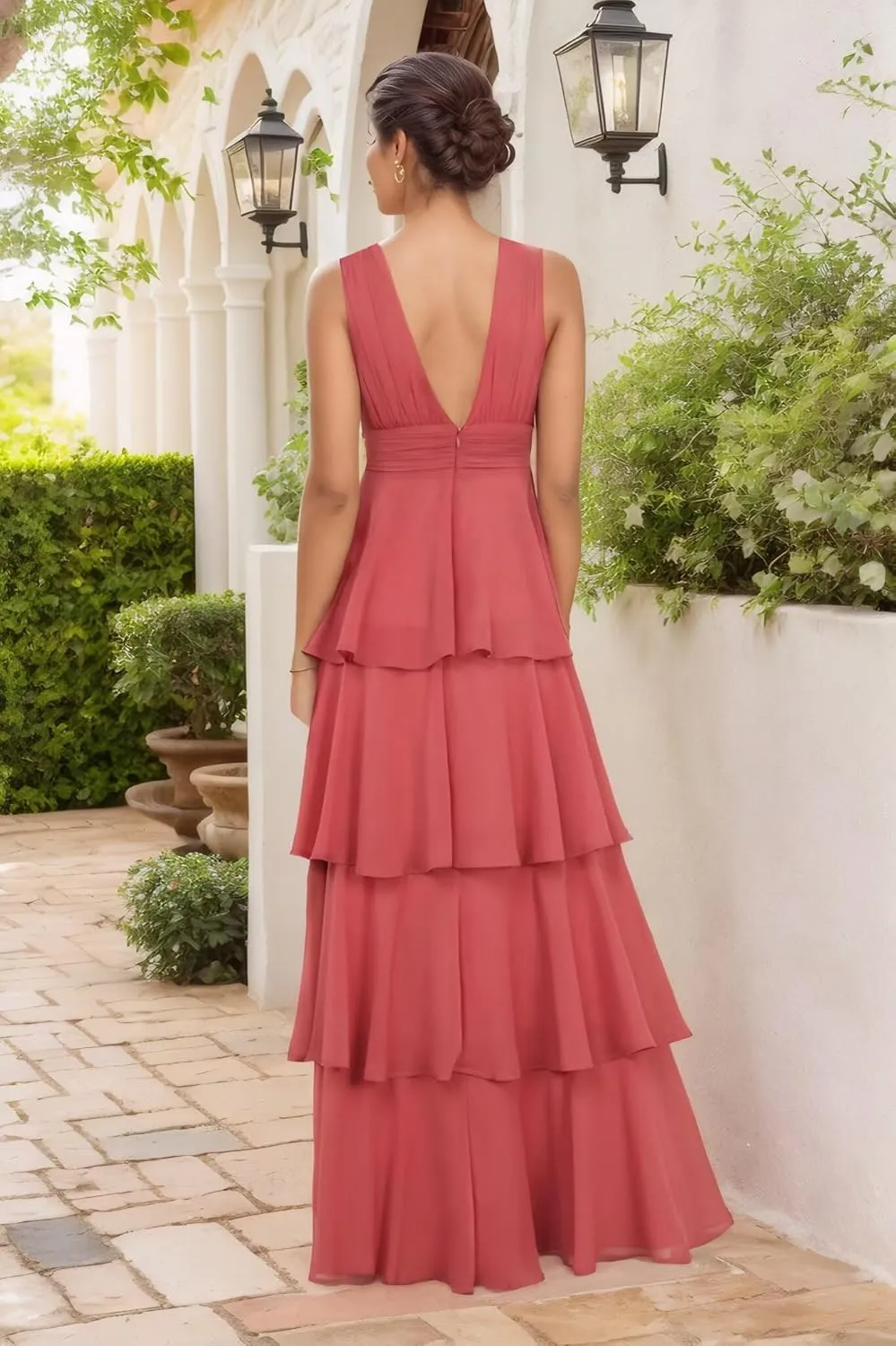 BONOYUER Tiered Ruffles Bridesmaid Dresses Long for Wedding A Line V Neck Chiffon Formal Evening Dress
