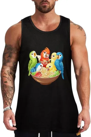 Bowl of Birbs Eating Noodles Mens Tank Top Cotton Undershirt Crewneck Sleeveless Shirt for Summer