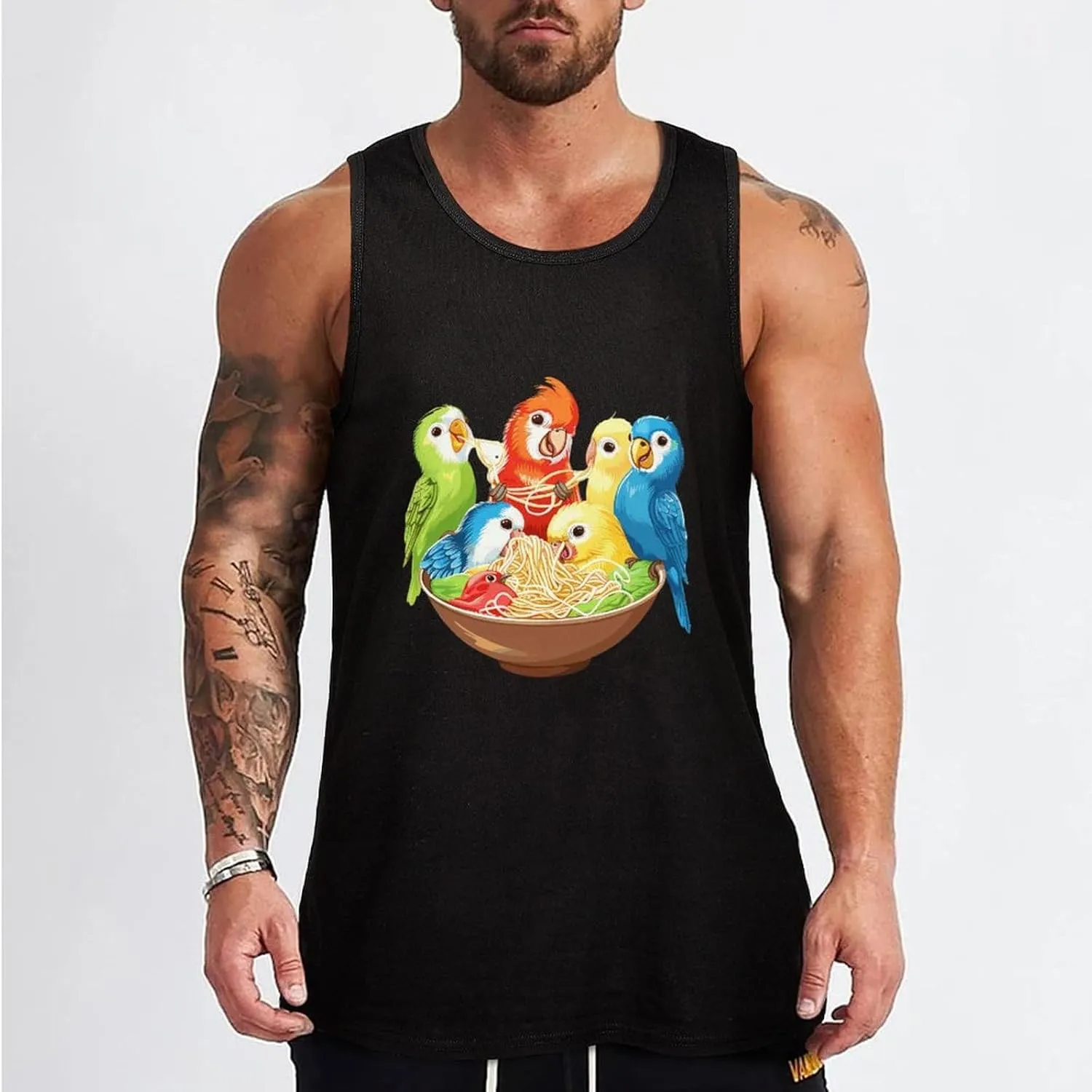 Bowl of Birbs Eating Noodles Mens Tank Top Cotton Undershirt Crewneck Sleeveless Shirt for Summer