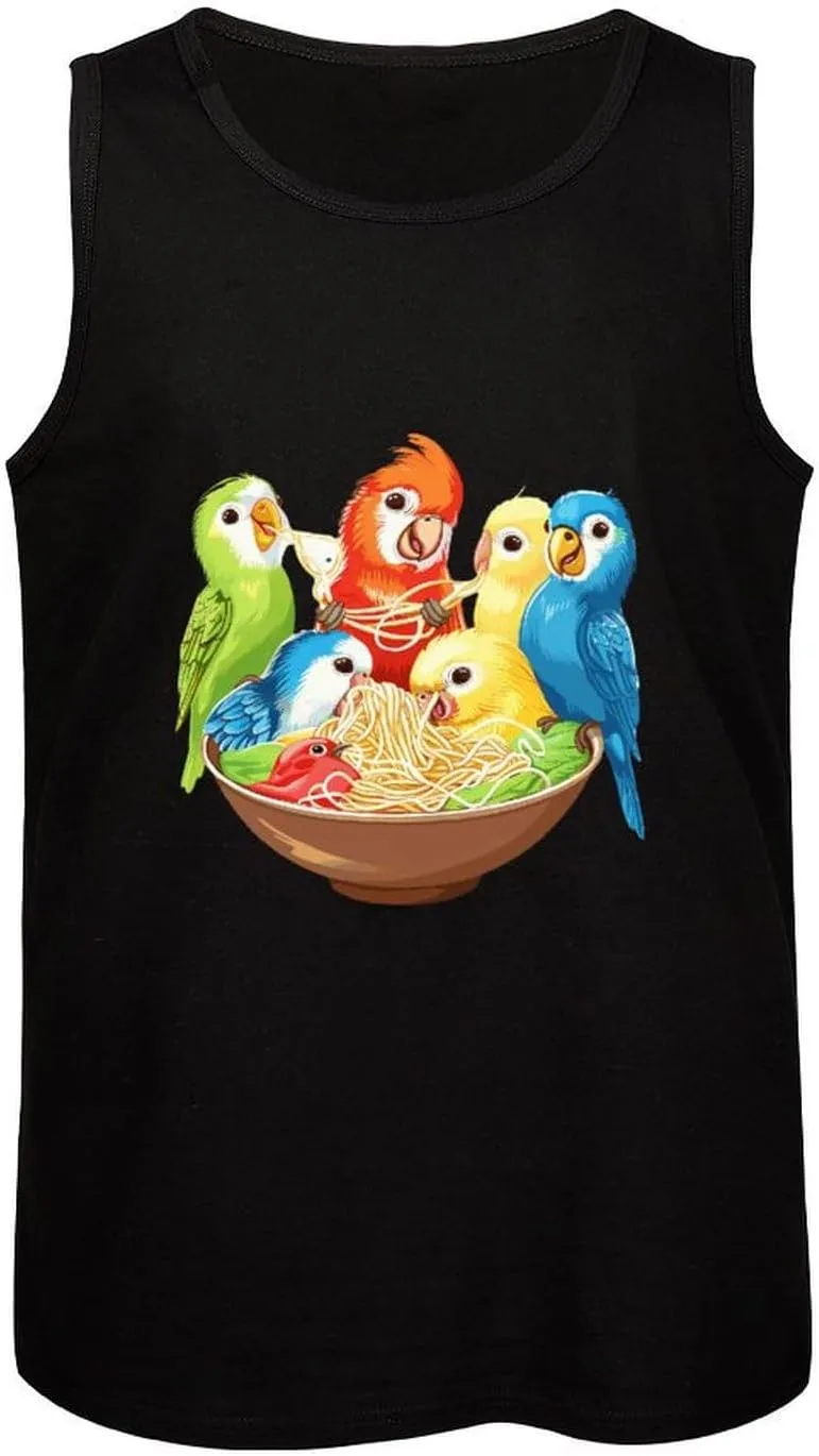 Bowl of Birbs Eating Noodles Mens Tank Top Cotton Undershirt Crewneck Sleeveless Shirt for Summer
