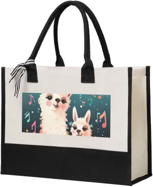 Canvas Tote Bag for Women Beach Tote Purse Reusable Grocery Bag Cute llama singing on musical notes Aesthetic Shopping Bags