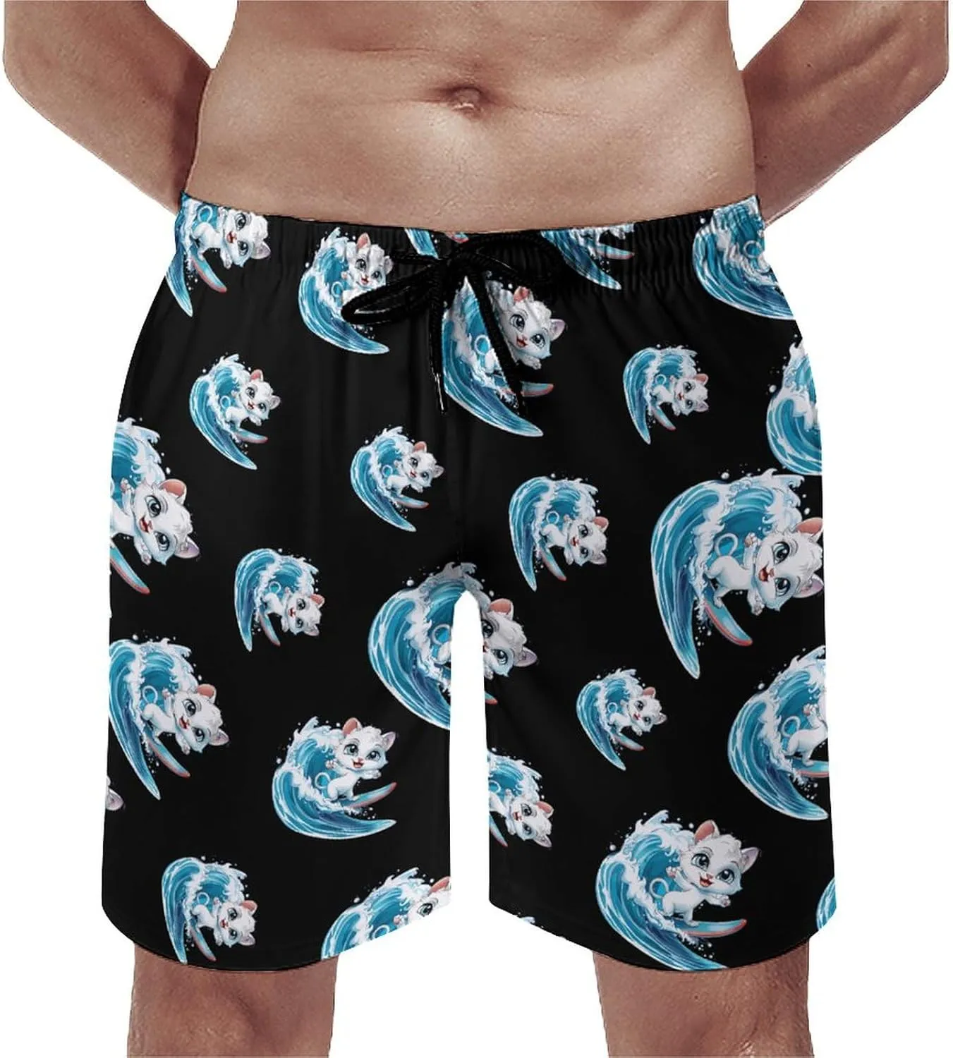 Cat Surfing Men's Swim Trunks Quick Dry Board Shorts Breathable Summer Beach Shorts Bathing Suits