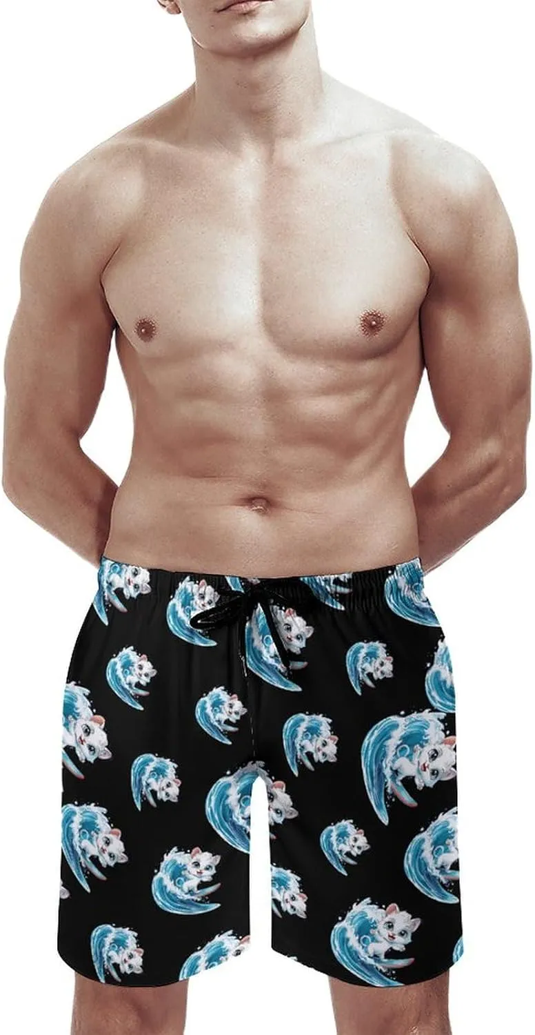 Cat Surfing Men's Swim Trunks Quick Dry Board Shorts Breathable Summer Beach Shorts Bathing Suits