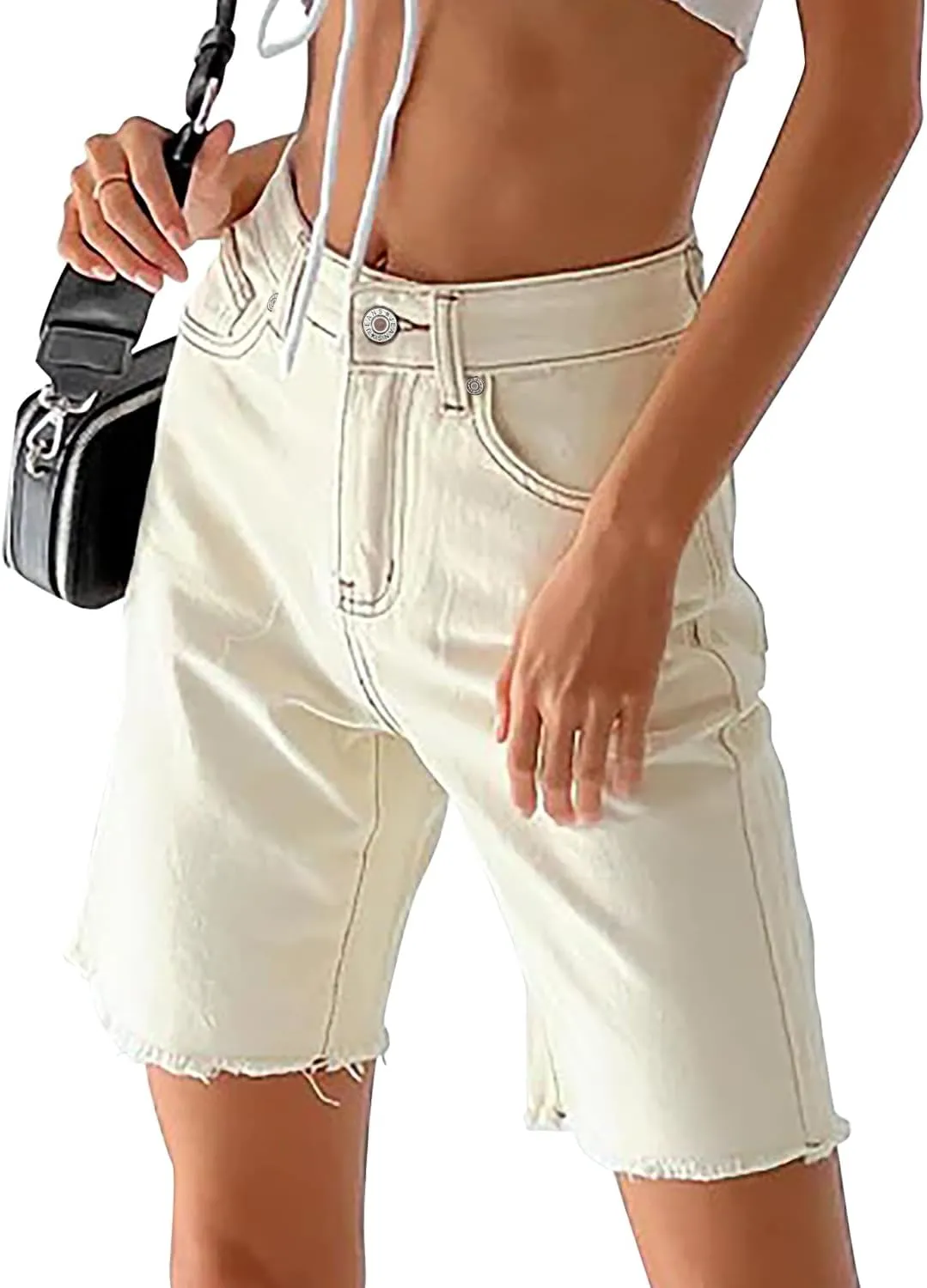 CHICZONE Womens Bermuda Jean Shorts Stretchy Mid Waisted Denim Shorts with Pockets
