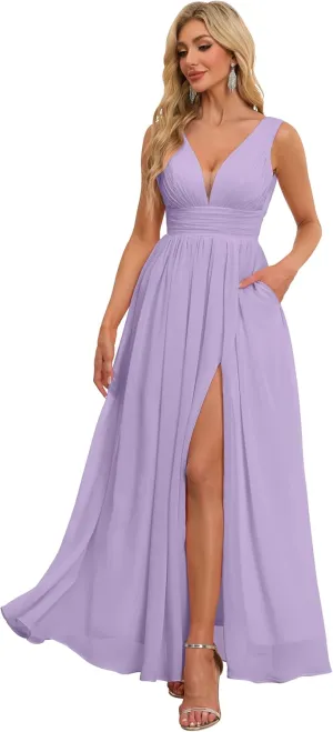 Chiffon Bridesmaid Dresses with Slit V Neck Prom Dresses A Line Pleated Wedding Guest Dress with Pockets UU139