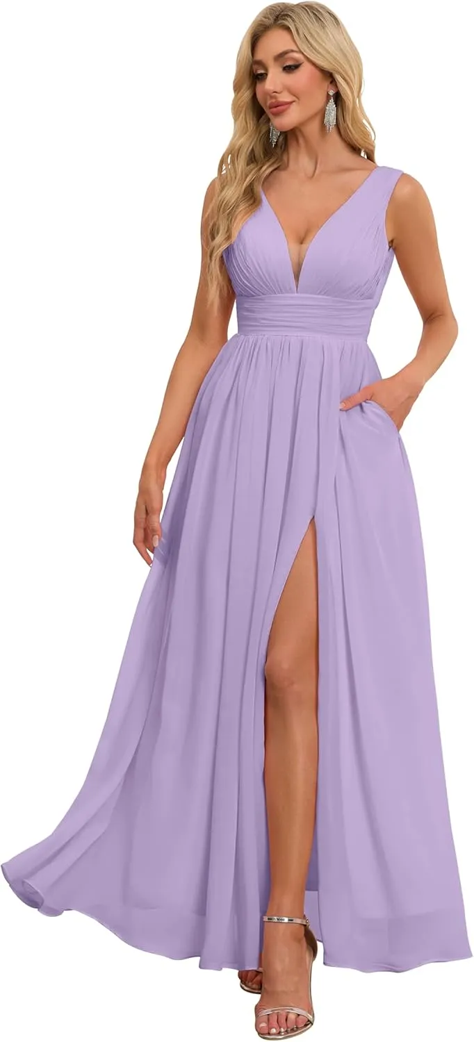 Chiffon Bridesmaid Dresses with Slit V Neck Prom Dresses A Line Pleated Wedding Guest Dress with Pockets UU139