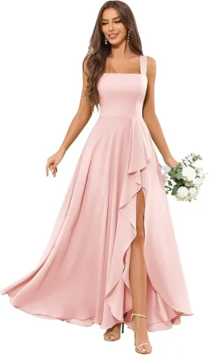 Chiffon Ruffle Bridesmaid Dresses for Women Square Neck Formal Evening Dress with Slit