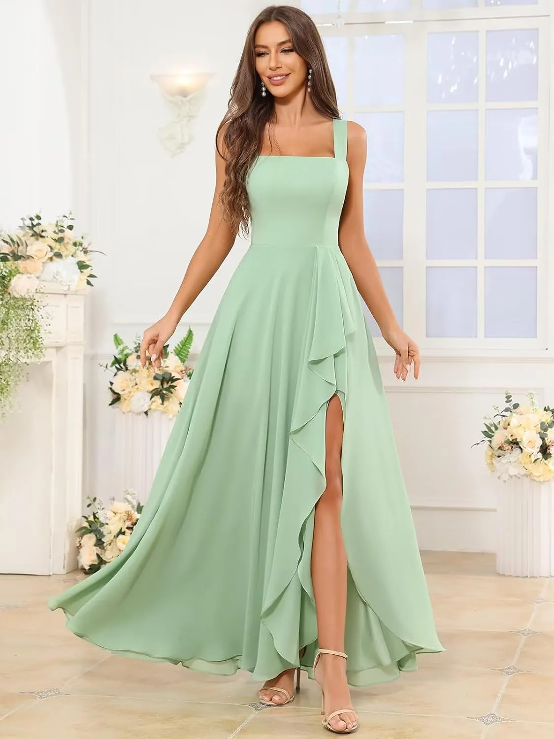 Chiffon Ruffle Bridesmaid Dresses for Women Square Neck Formal Evening Dress with Slit