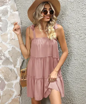 Clarisbelle Women Summer Tie Strap Ruffle Flowy Babydoll Mini Dress