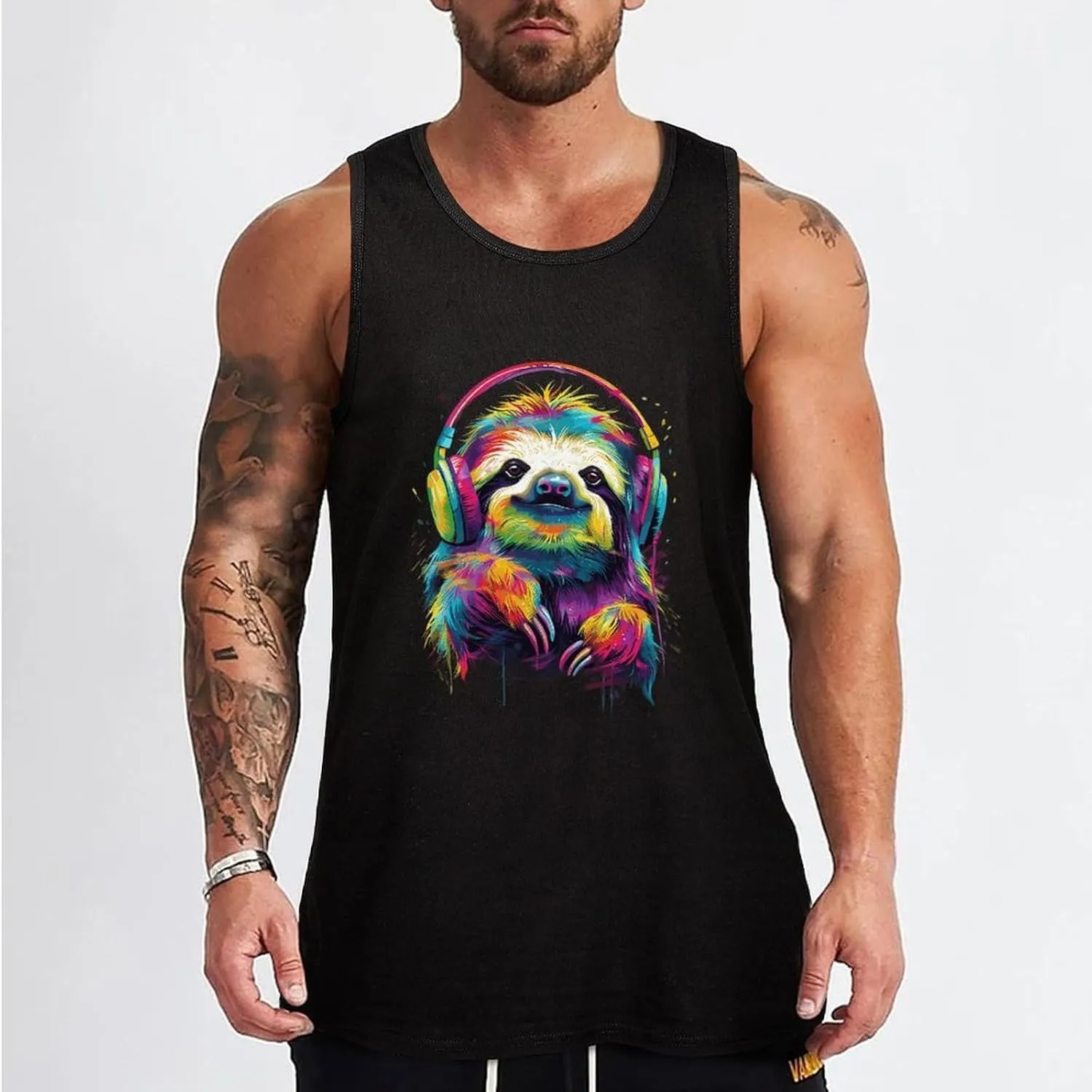 Colourful Animal Headphones Sloth Mens Tank Top Cotton Undershirt Crewneck Sleeveless Shirt for Summer