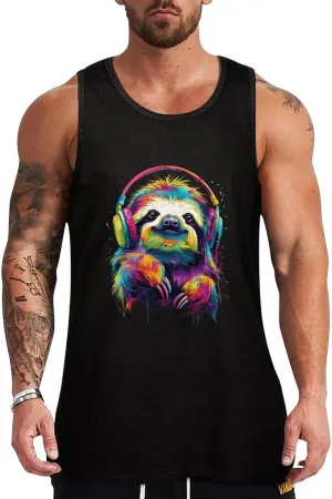 Colourful Animal Headphones Sloth Mens Tank Top Cotton Undershirt Crewneck Sleeveless Shirt for Summer