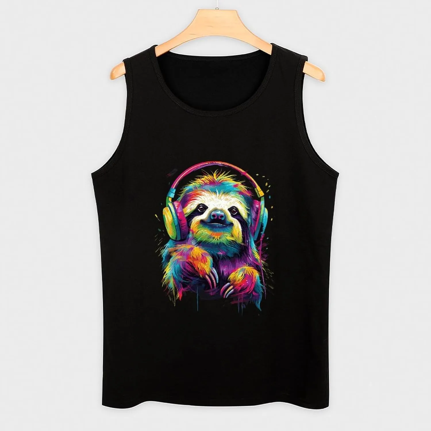 Colourful Animal Headphones Sloth Mens Tank Top Cotton Undershirt Crewneck Sleeveless Shirt for Summer