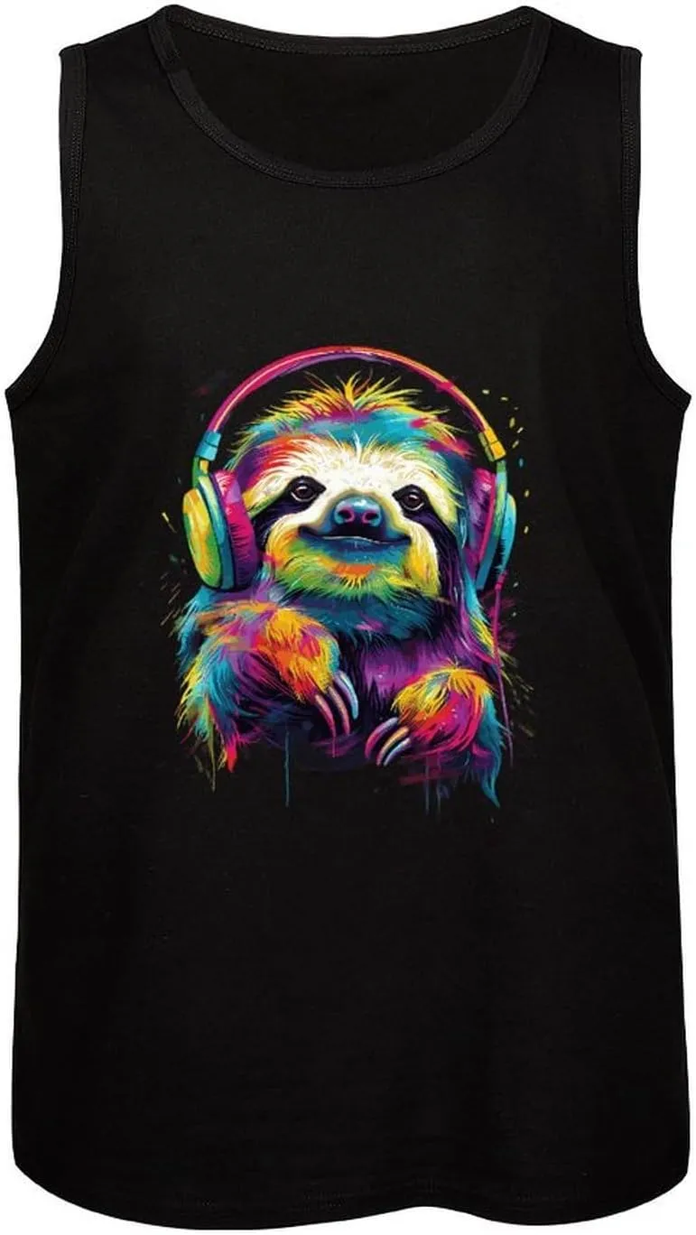 Colourful Animal Headphones Sloth Mens Tank Top Cotton Undershirt Crewneck Sleeveless Shirt for Summer