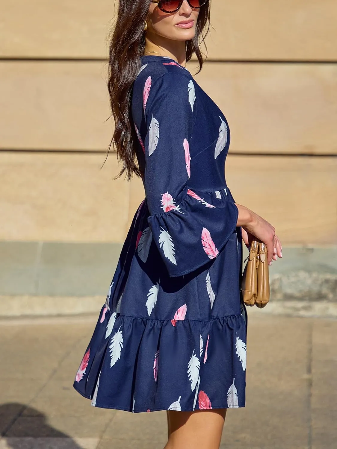 CUPSHE Ruffle Fall Dresses for Women 3/4 Ruffled Sleeve V Neck A Line Semi Formal Feather Casual Autumn Mini Dress