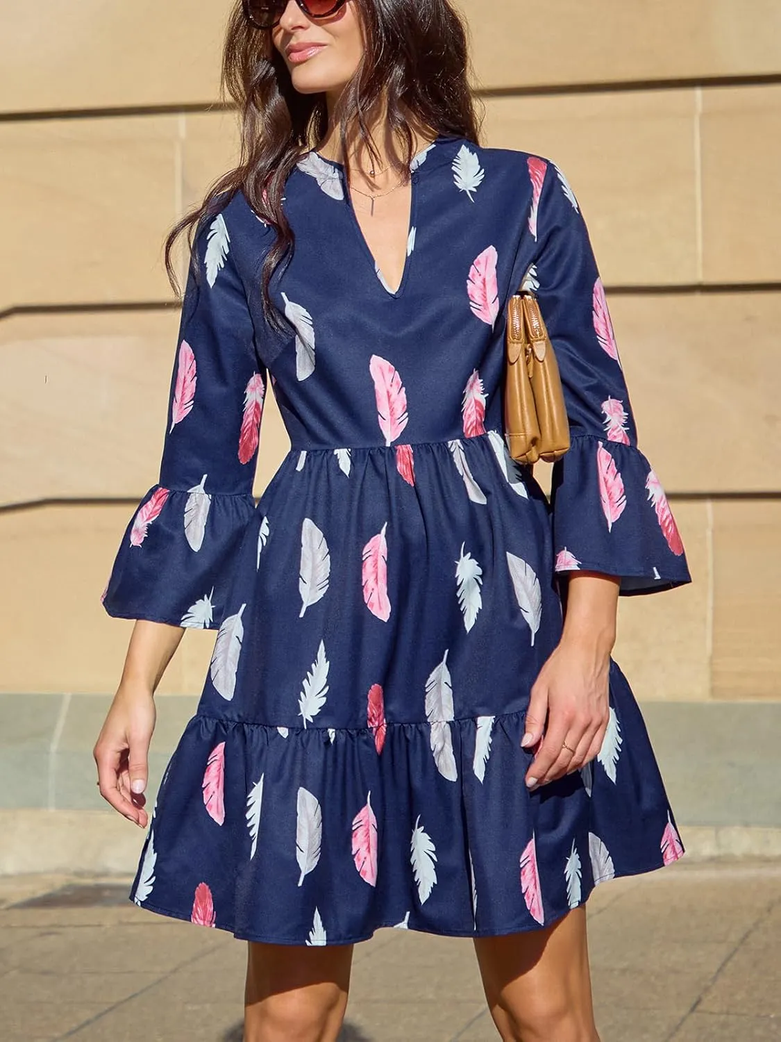 CUPSHE Ruffle Fall Dresses for Women 3/4 Ruffled Sleeve V Neck A Line Semi Formal Feather Casual Autumn Mini Dress
