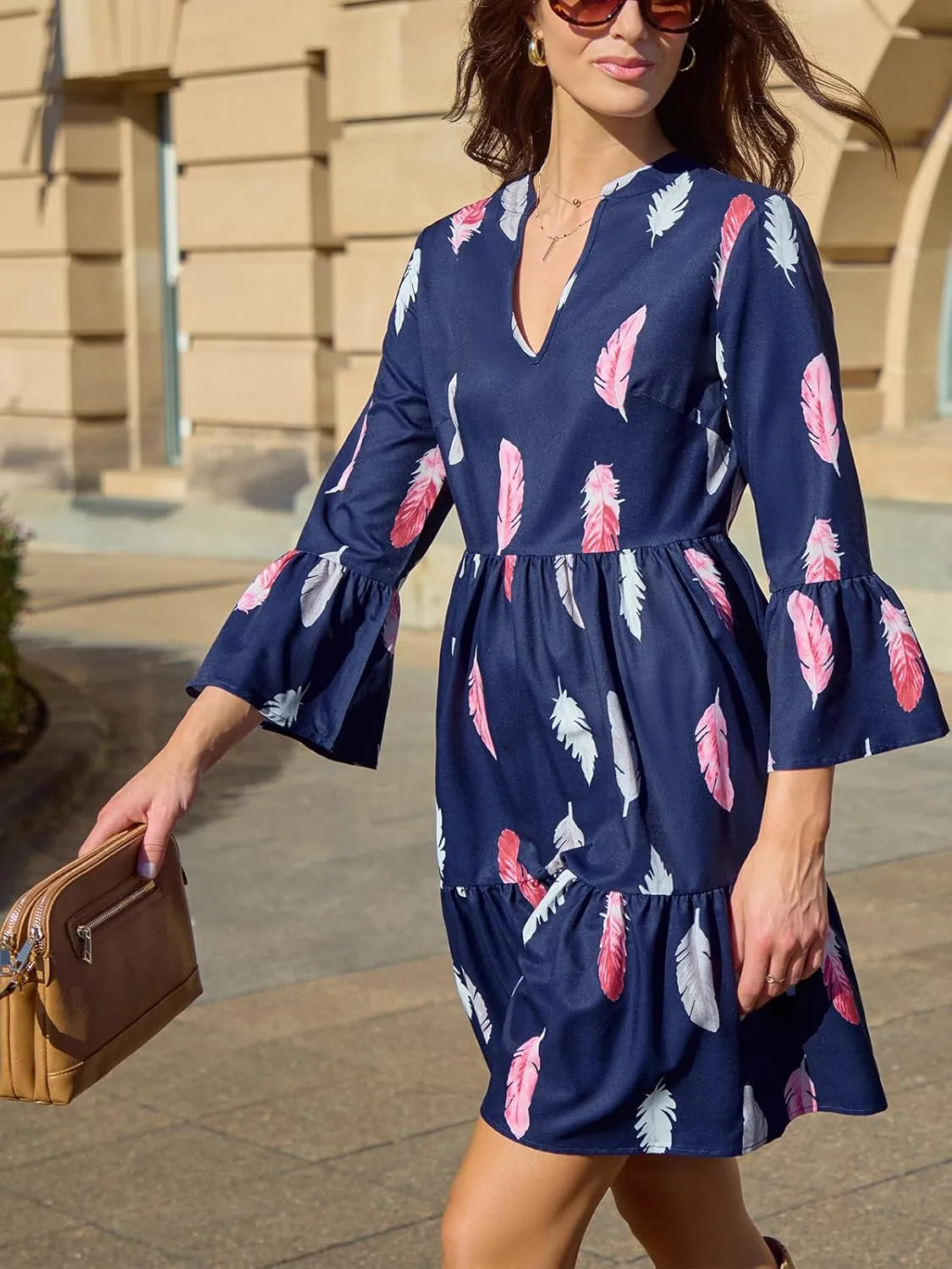 CUPSHE Ruffle Fall Dresses for Women 3/4 Ruffled Sleeve V Neck A Line Semi Formal Feather Casual Autumn Mini Dress