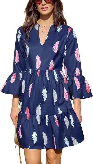 CUPSHE Ruffle Fall Dresses for Women 3/4 Ruffled Sleeve V Neck A Line Semi Formal Feather Casual Autumn Mini Dress