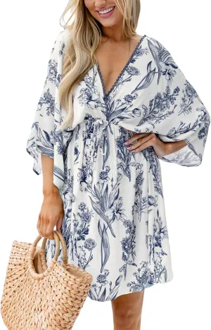 CUPSHE Women's Plunging V Neck Backless Beach Dress Paisley Boho Blouson Sleeve Back Tie Waist Tie Mini Summer Dresses
