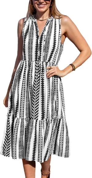 CUPSHE Women's Ruffle Beach Maxi Dress Split V Neck A Line Sleeveless Stripe Geometric Pattern Casual Summer Dresses