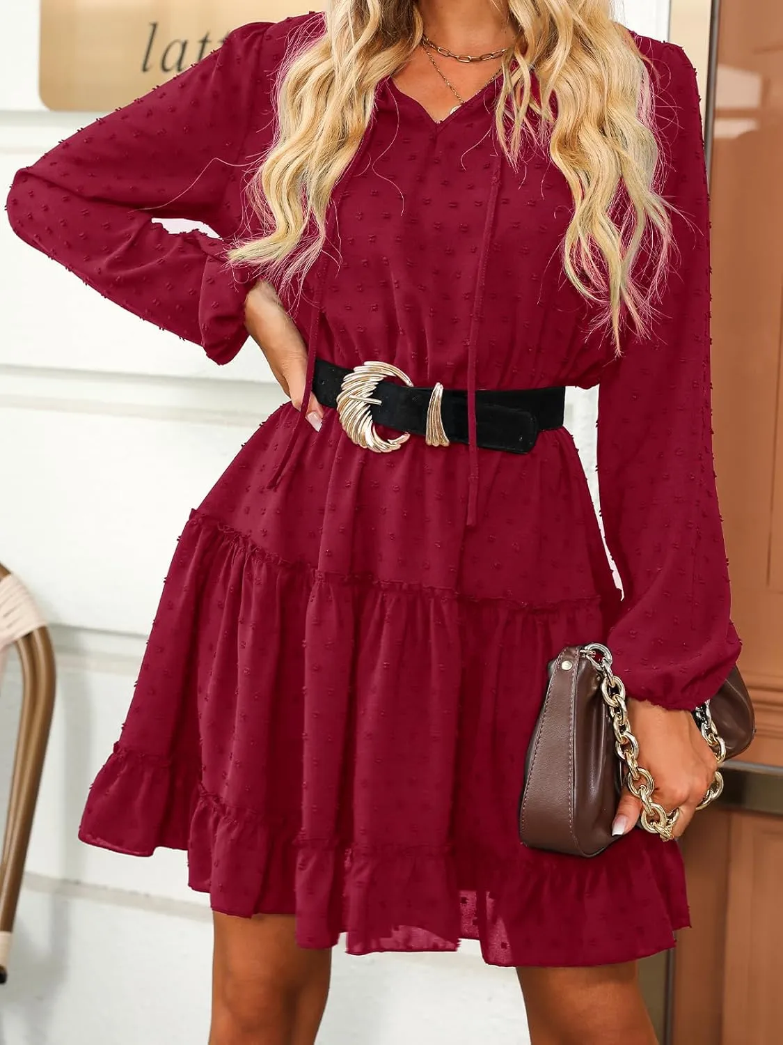 CUPSHE Women's V Neck Pom Pom Long Sleeve Ruffled Drawstring A Line Mini Dress Green