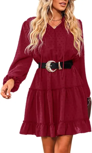 CUPSHE Women's V Neck Pom Pom Long Sleeve Ruffled Drawstring A Line Mini Dress Green