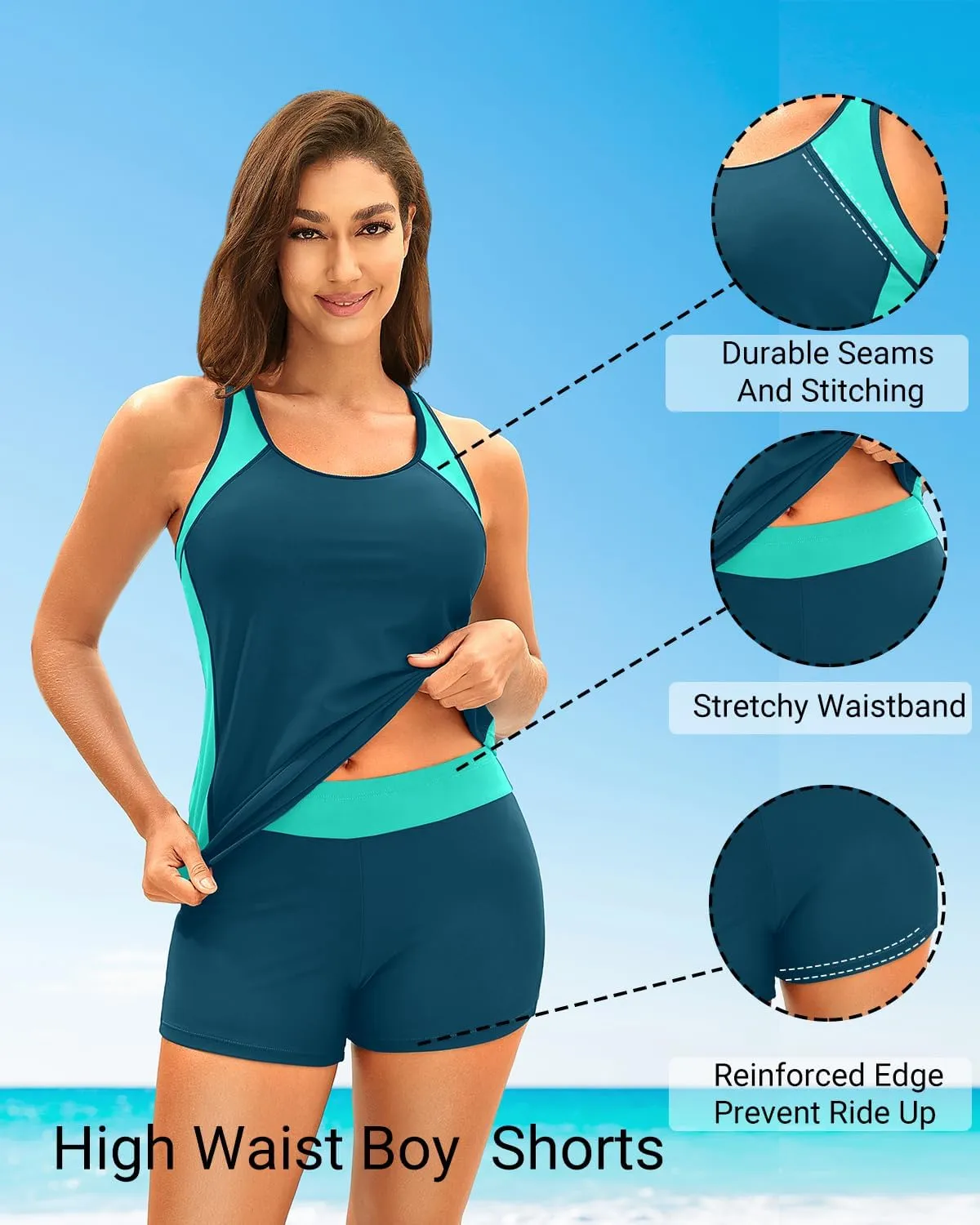 Daci Women 2 Piece Tankini Swimsuit - 2025 Tummy Control Sporty Bathing Suit Color Block Swim Tank Top with Boy Shorts