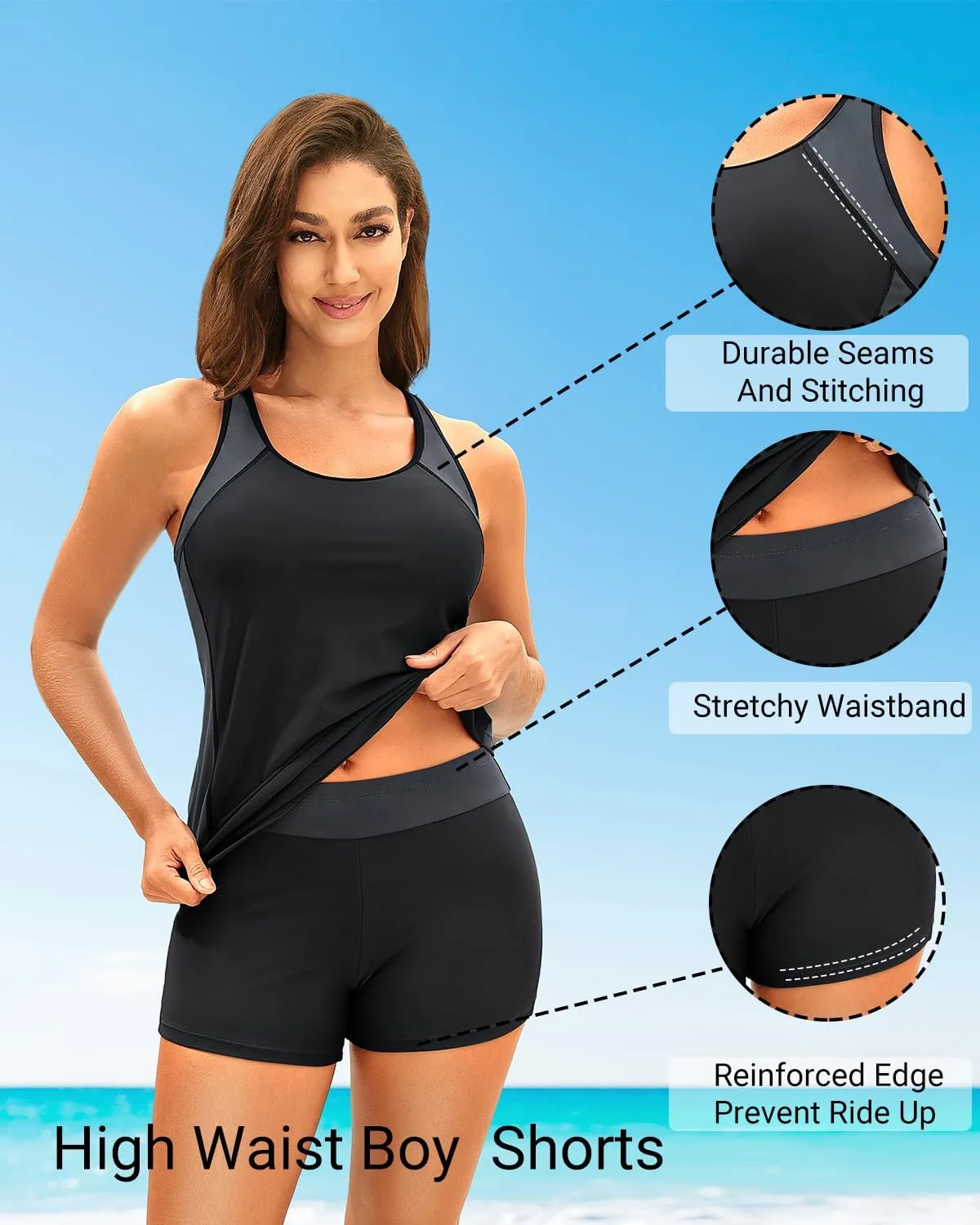 Daci Women 2 Piece Tankini Swimsuit - 2025 Tummy Control Sporty Bathing Suit Color Block Swim Tank Top with Boy Shorts