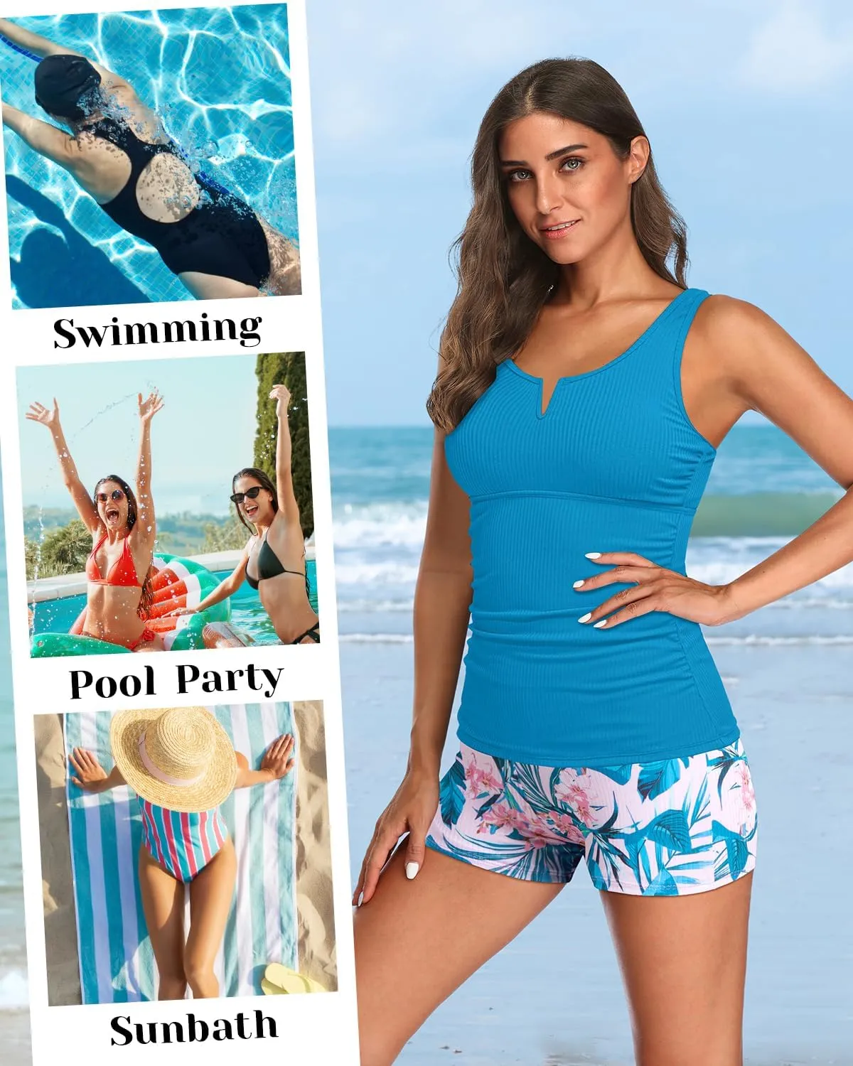 Daci Womens 2 Piece Tankini Swimsuits - Tummy Control Bathing Suit with Shorts V Wire Tankini Top Ribbed Swimwear