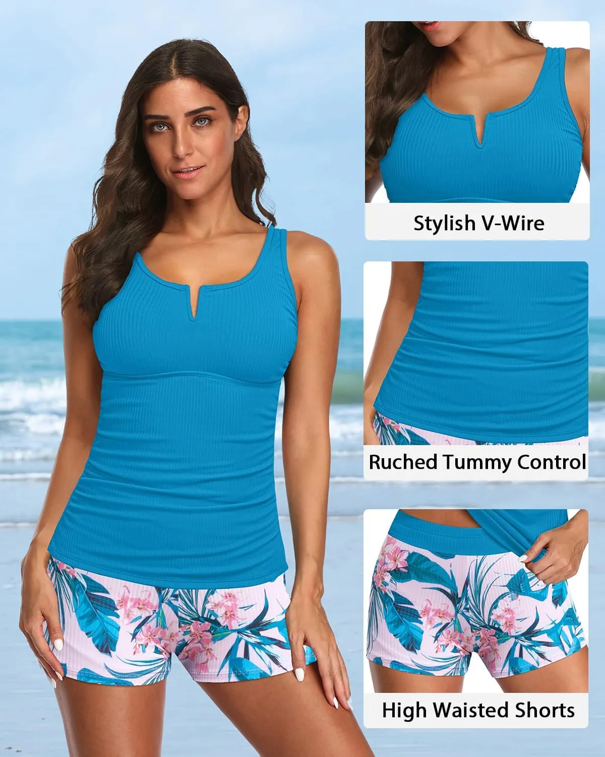Daci Womens 2 Piece Tankini Swimsuits - Tummy Control Bathing Suit with Shorts V Wire Tankini Top Ribbed Swimwear