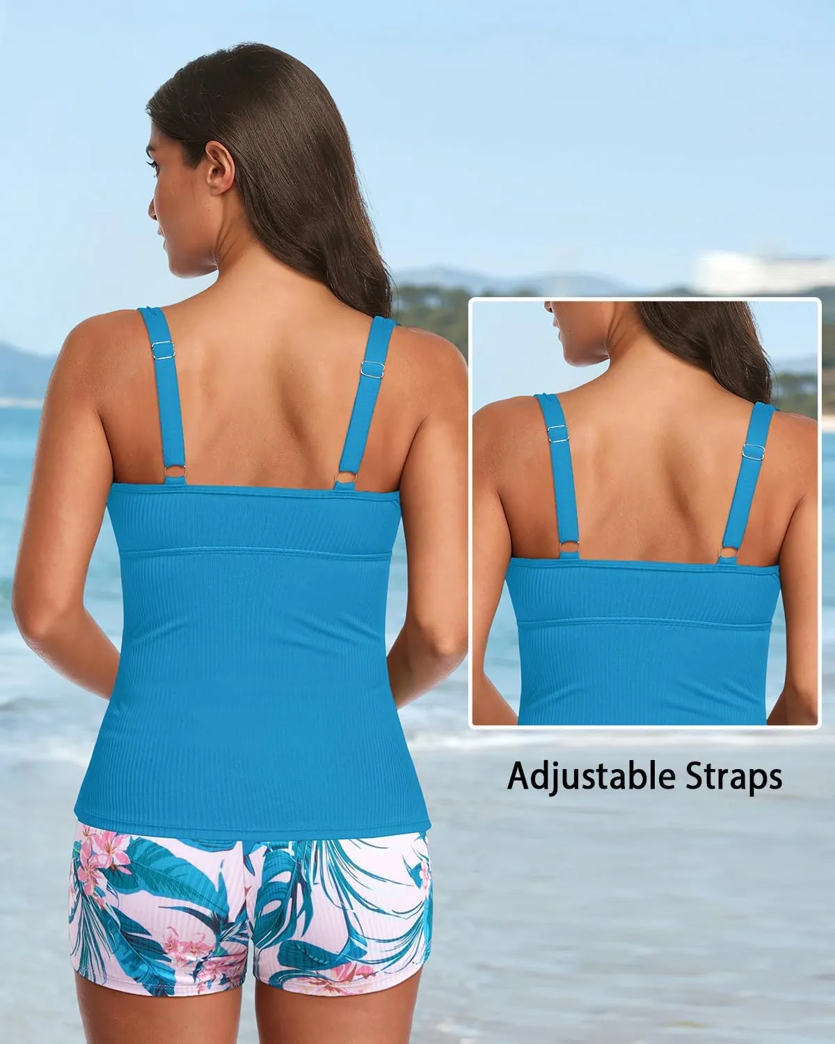 Daci Womens 2 Piece Tankini Swimsuits - Tummy Control Bathing Suit with Shorts V Wire Tankini Top Ribbed Swimwear